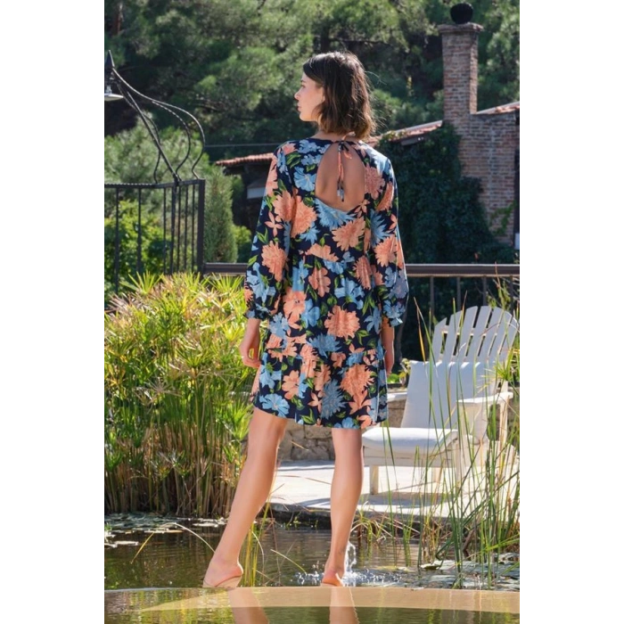 VipMarketim Viskon Çiçek Ve Yaprak Desenli Uzun Kollu Elbise