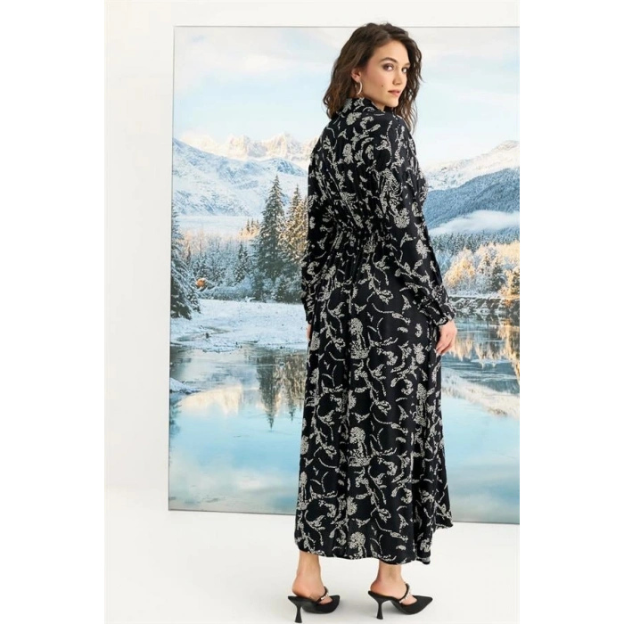 Vipmarketim % Viskon Desenli Truvakar Kollu Saten Elbise (kod:100)