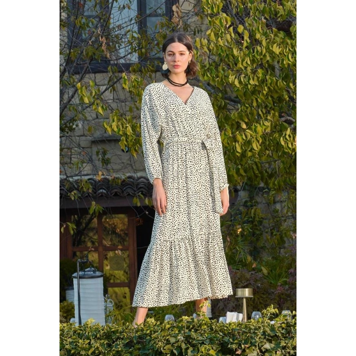 VipMarketim % Viskon Puantiye Desenli Kuşaklı Elbise (Kod:100)