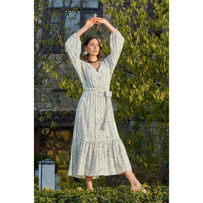Vipmarketim % Viskon Puantiye Desenli Kuşaklı Elbise (kod:100)