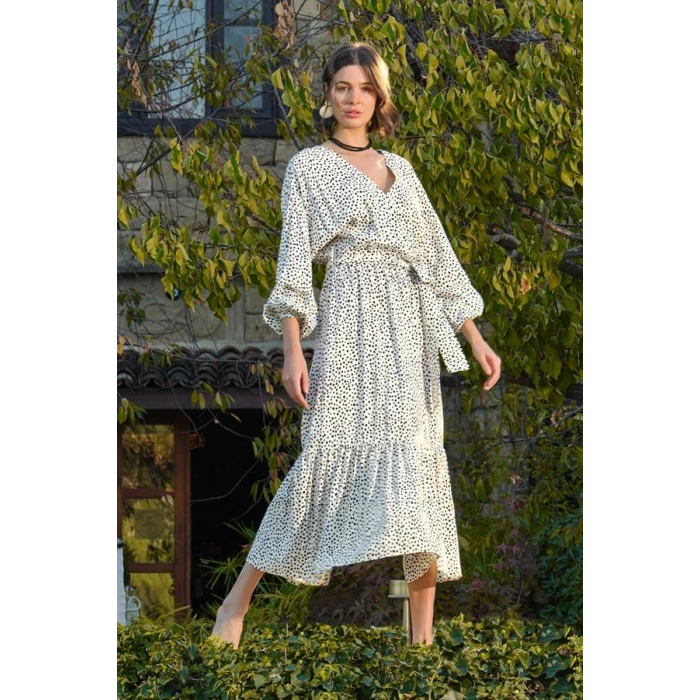 VipMarketim % Viskon Puantiye Desenli Kuşaklı Elbise (Kod:100)
