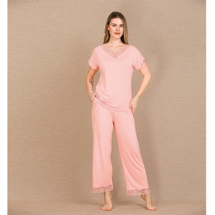 VipMarketim Viskon Şık Tasarım Dantel İşlemeli Açık Pembe Kısa Kol Pijama Takımı