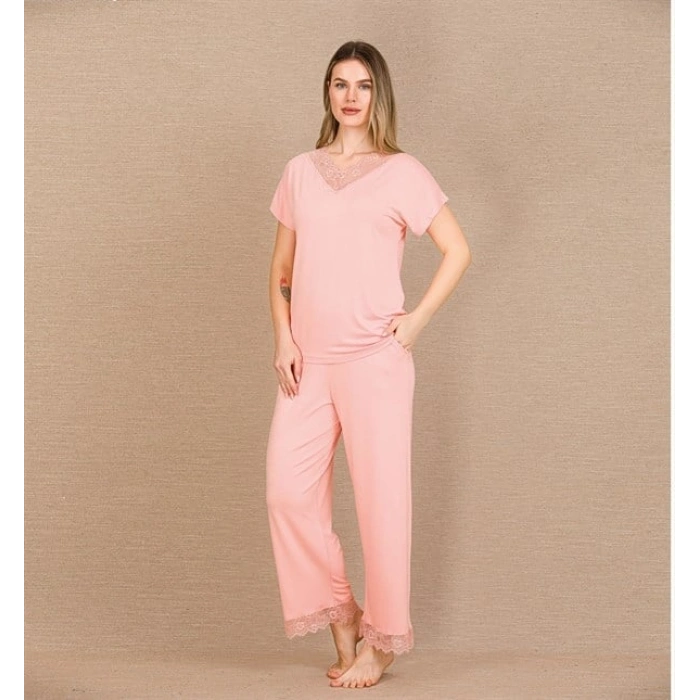 VipMarketim Viskon Şık Tasarım Dantel İşlemeli Açık Pembe Kısa Kol Pijama Takımı