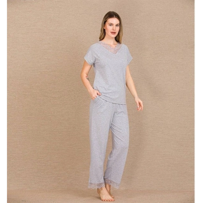 VipMarketim Viskon Şık Tasarım Dantel İşlemeli Gri Kısa Kol Pijama Takımı