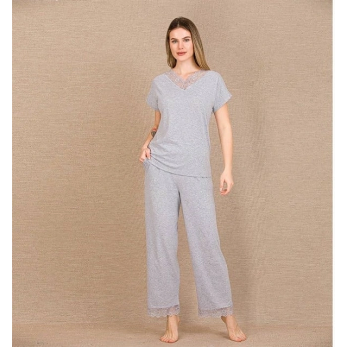 Vipmarketim Viskon Şık Tasarım Dantel İşlemeli Gri Kısa Kol Pijama Takımı