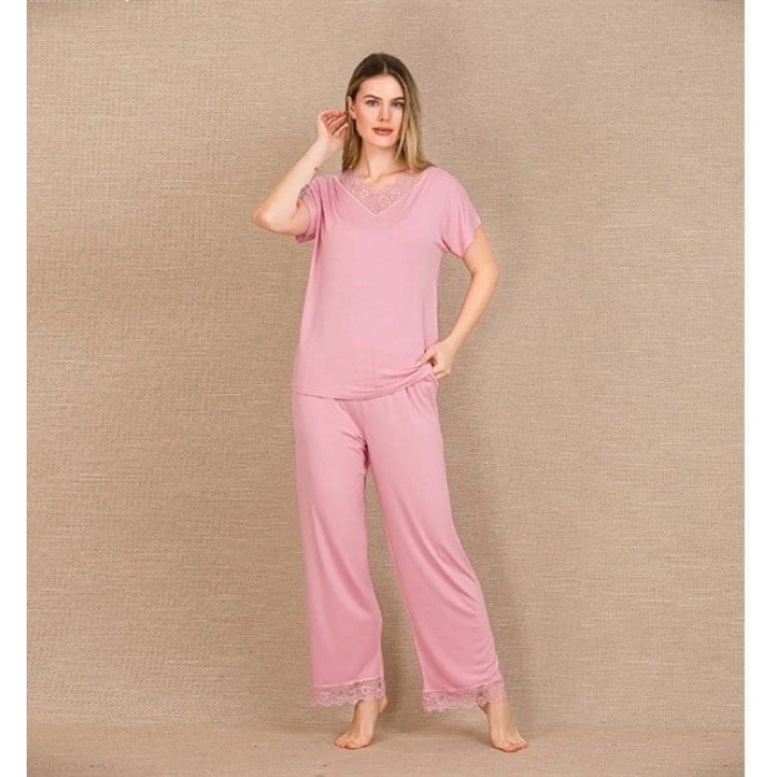 VipMarketim Viskon Şık Tasarım Dantel İşlemeli Pembe Kısa Kol Pijama Takımı