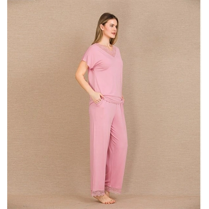 Vipmarketim Viskon Şık Tasarım Dantel İşlemeli Pembe Kısa Kol Pijama Takımı