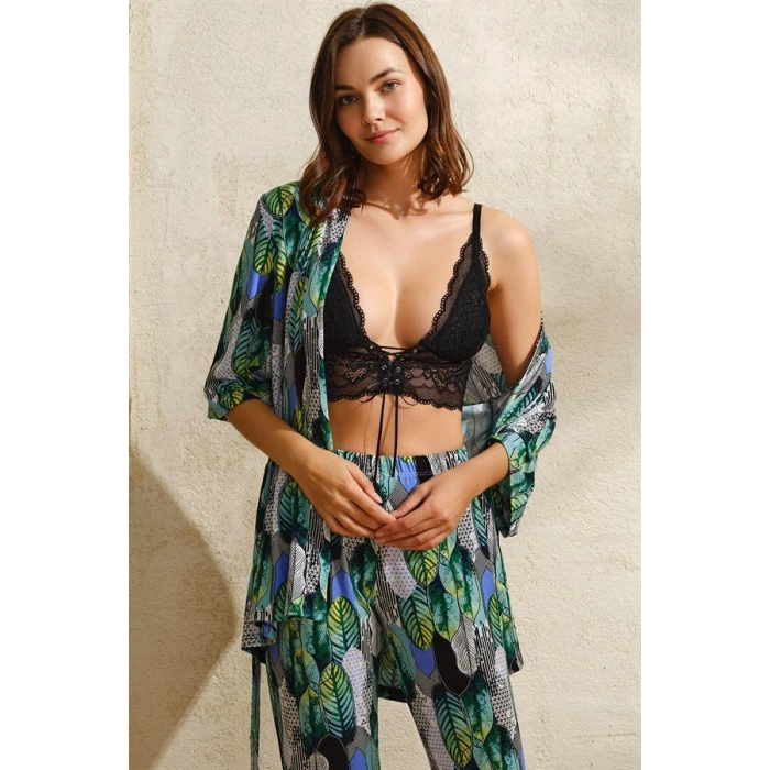 VipMarketim  Viskon Yaprak Baskılı Sabahlık Balensiz Desteksiz Dolgusuz Dantelli Bralet Sütyen Ve Pantolon Pijama 3lü Takım
