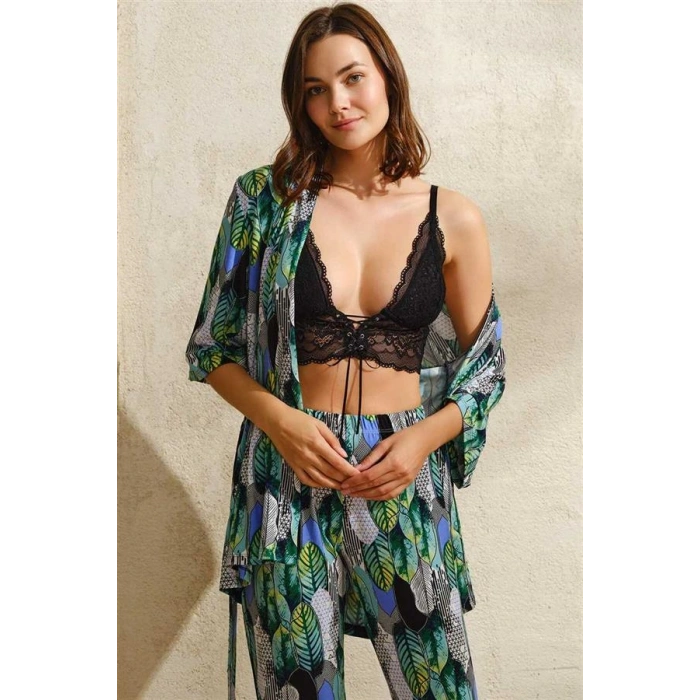 VipMarketim Viskon Yaprak Baskılı Sabahlık Balensiz Desteksiz Dolgusuz Dantelli Bralet Sütyen Ve Pantolon Pijama 3Lü Takım