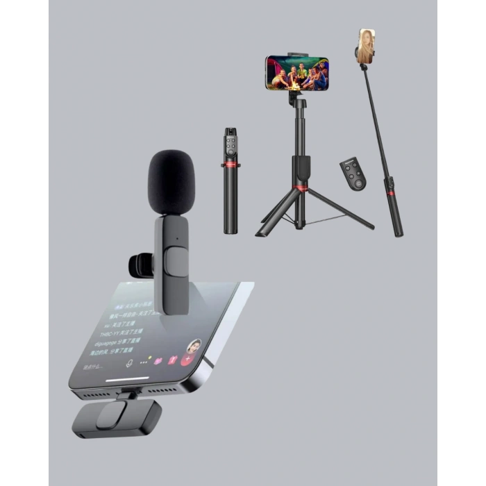 VipMarketim Vlog ve Canlı Yayın İçin Çift Yaka Mikrofonu ve Tripodlu Selfie Çubuğu Seti
