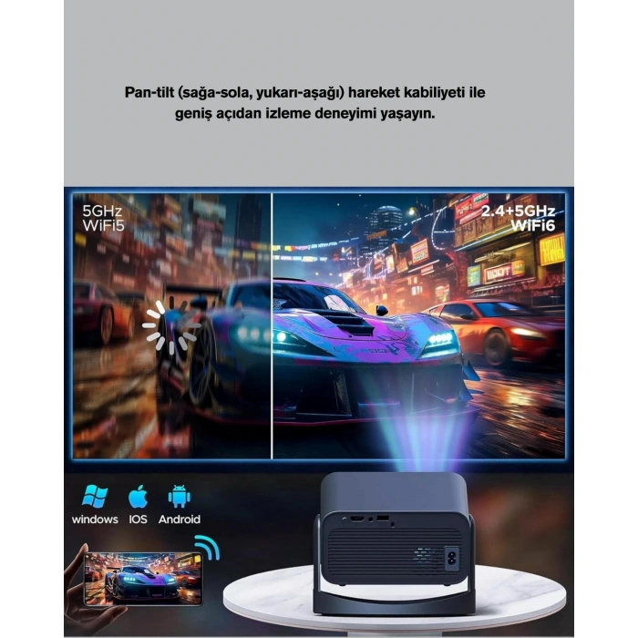 VipMarketim WiFi 6 ve Bluetooth 5 Bağlantılı Taşınabilir Projeksiyon Makinesi