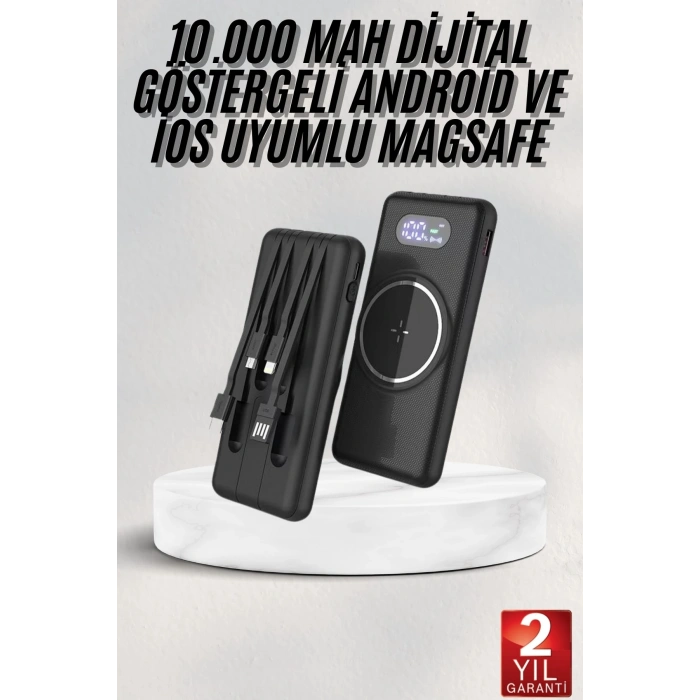 VipMarketim Wireless Powerbank 10000 Mah LED Ekranlı Dahili Kablolu Hızlı Şarj