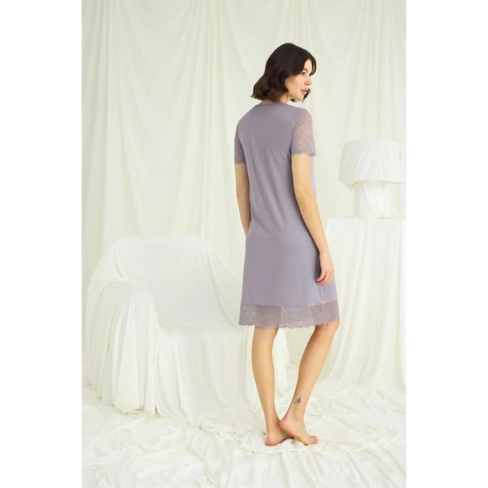 Vipmarketim Yakası Kolu Ve Omzu Ve Eteği Dantelli Önü Düğmeli Gecelik