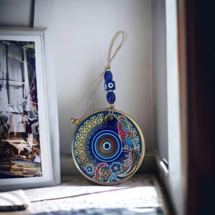 VipMarketim Yaldızlı Bülbül Kuşlu Çicekli Nazar Boncuklu Duvar Süsü Camlı Duvar Dekoru