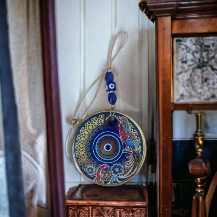 VipMarketim Yaldızlı Bülbül Kuşlu Çicekli Nazar Boncuklu Duvar Süsü Camlı Duvar Dekoru