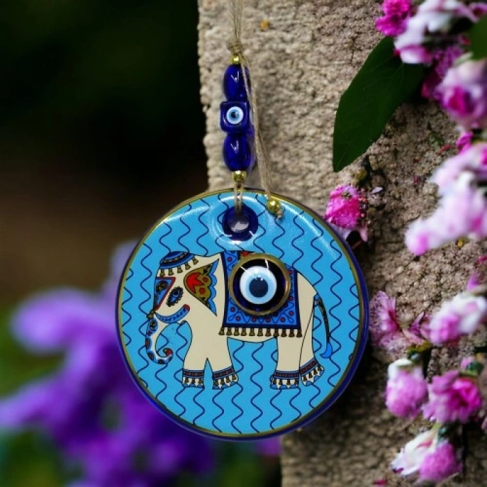 VipMarketim Yaldızlı Fil Modelli Nazar Boncuklu Duvar Süsü Mavi Camlı Duvar Dekoru