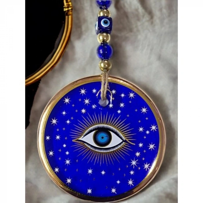 VipMarketim Yaldızlı Mavi Renk Yıldız Motifli Gözlü Duvar Süsü Cam Duvar Dekoru