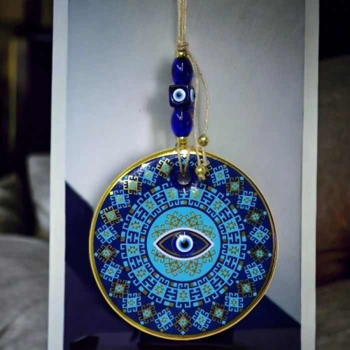 VipMarketim Yaldızlı Turkuaz Renkli Göz Modelli Nazar Boncuklu Duvar Süsü Cam Duvar Dekoru