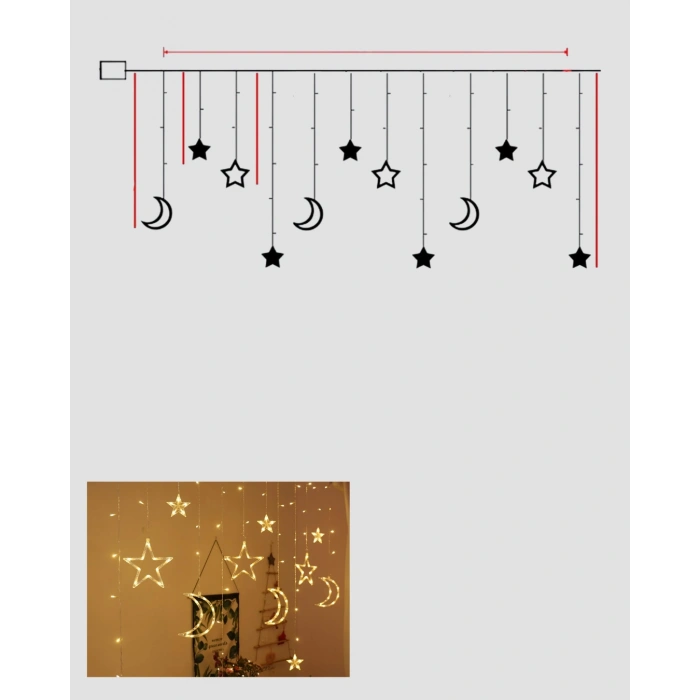 VipMarketim Yanıp Sönen ve Sabit Modlu Yıldız Ay Perde Led Işık
