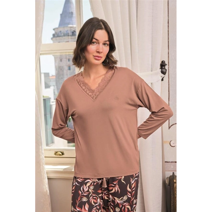 Vipmarketim Yaprak Desenli Dantelli V Yaka Büyük Beden Pijama Takımı