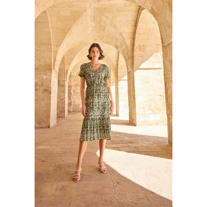 Vipmarketim Yaprak Desenli Kısa Kollu Elbise