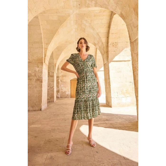 Vipmarketim Yaprak Desenli Kısa Kollu Elbise