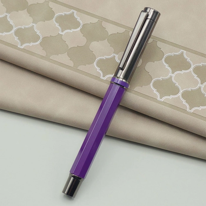 VipMarketim Yaprak Desenli Mor Deri Defter Ve Metal Roller Kalem Seti
