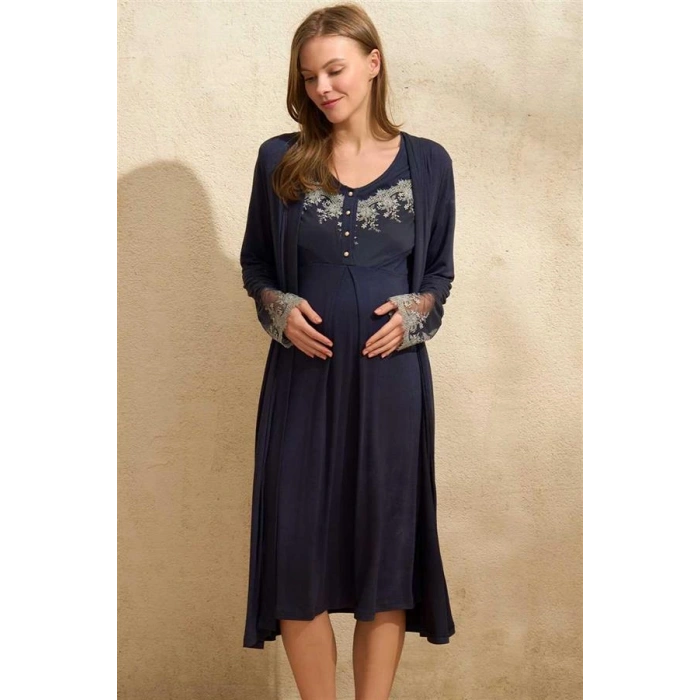 VipMarketim Yarım Kol Bisiklet Yaka Kadın Düz Yazlık Transparan Tül Detaylı Hamile Gecelik Sabahlık Anıl (Kod:5777)