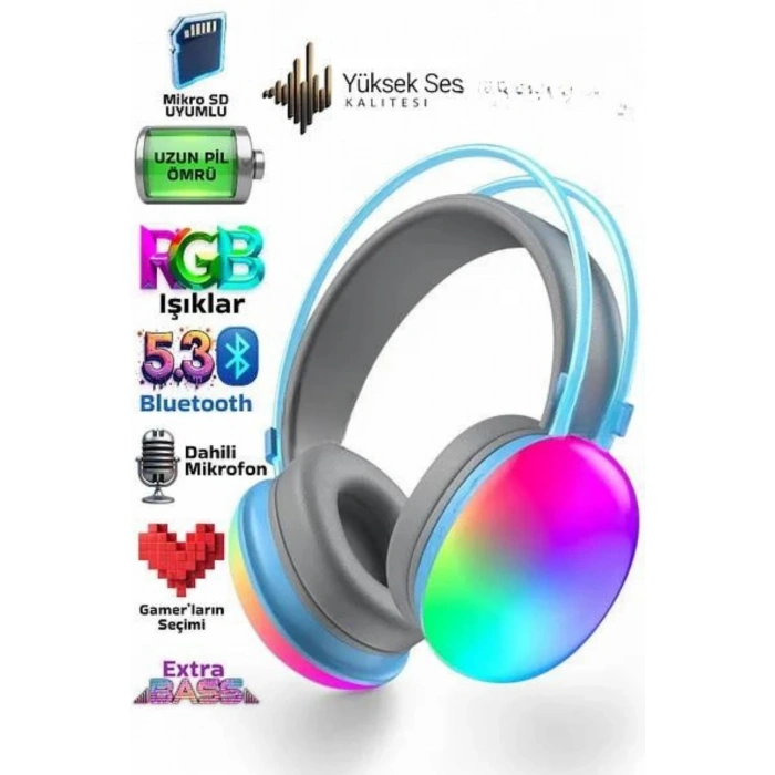 VipMarketim Yeni Nesil Kulak Üstü Kablosuz Uzun Ömürlü RGB Işıklı Bluetooth Kulaklık