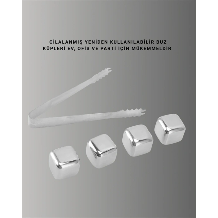 VipMarketim Yeniden Kullanılabilir 304 Çelik Metal Buz Küpleri 4lü Set