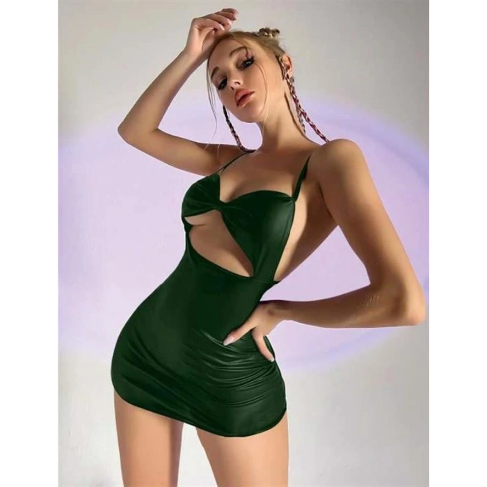 VipMarketim  Yeşil Göğüs Dekolteli Fantezi Lame Deri Elbise