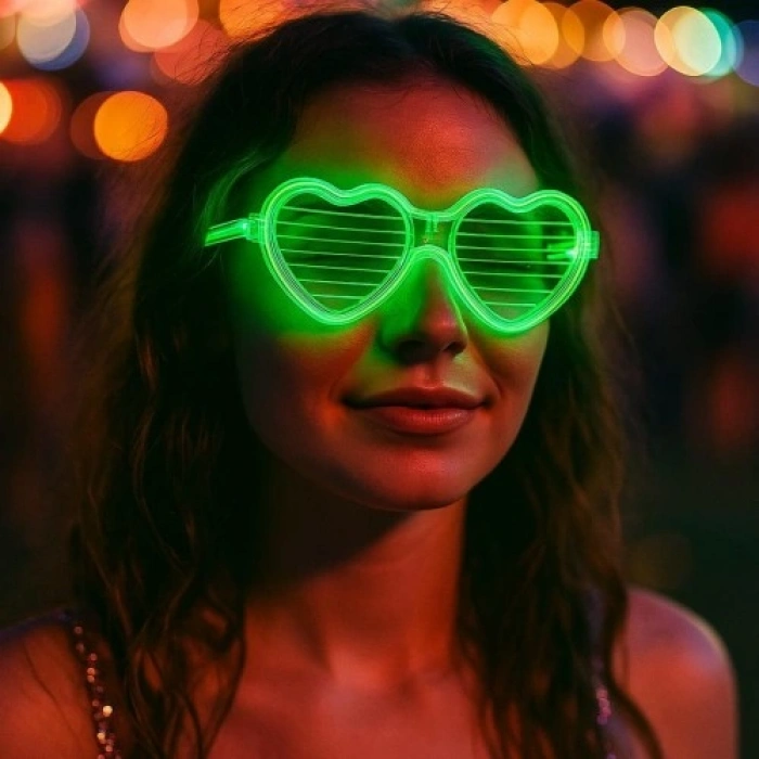 VipMarketim Yeşil LED Işıklı Kalp Gözlük – 3 Modlu Parti & Glow Gözlüğü