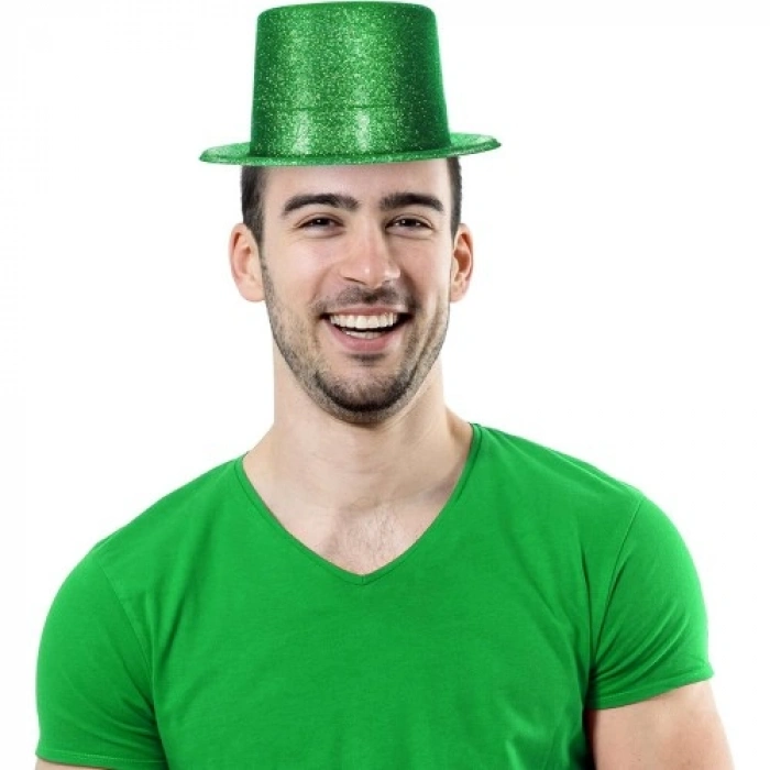 VipMarketim Yeşil Renk Parıltılı Simli Fötr Silindir Parti Şapkası