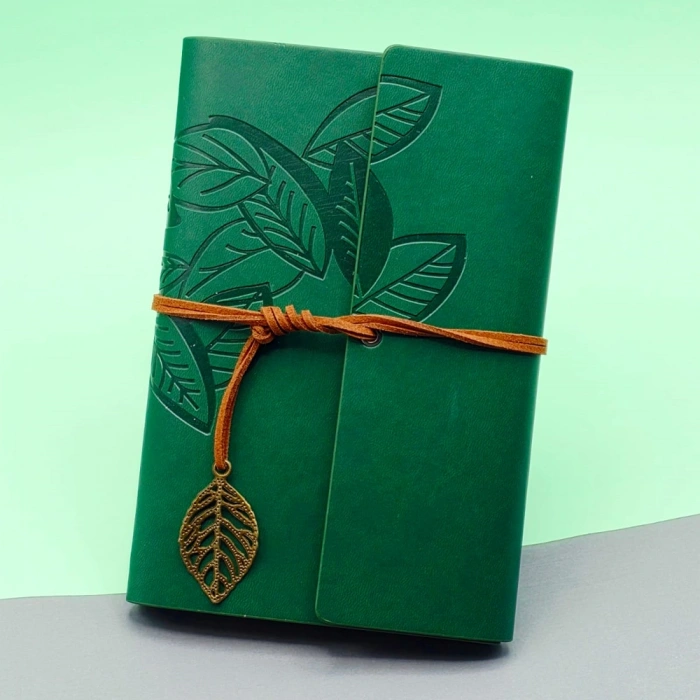 VipMarketim Yeşil Yaprak Desenli Deri Defter