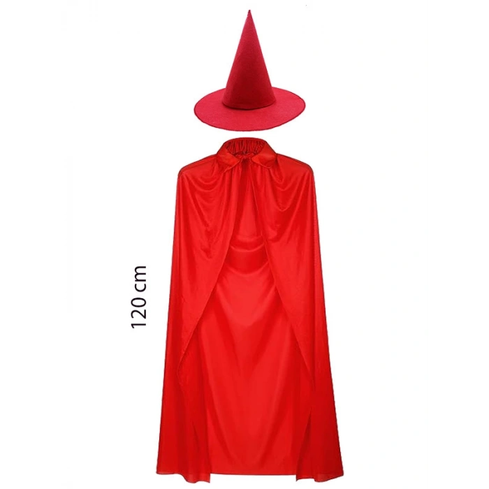 VipMarketim Yetişkin Boy Kırmızı Yakalı Pelerin ve Kırmızı Cadı Şapkası
