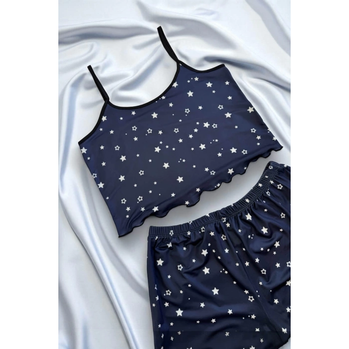 VipMarketim Yıldız Desenli Lacivert Şortlu Pijama Takımı
