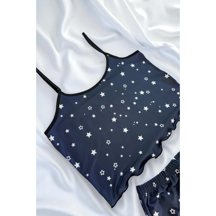 VipMarketim Yıldız Desenli Lacivert Şortlu Pijama Takımı
