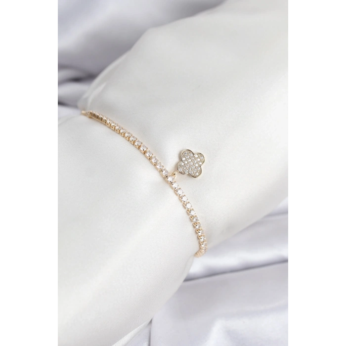 VipMarketim Yonca Model Zirkon Taşlı Gold Renk Asansörlü Su Yolu Bileklik 5886