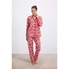Vipmarketim Anıl Kadın Desenli Uzun Kollu Gömlek Yaka Pijama Takımı Nefes Alabilir Yumuşak Kumaş (jersey) (kod:11564)