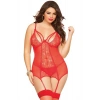 Vipmarketim Büyük Beden Kırmızı Dantel İşlemeli Göğüs Dekolteli Fantezi Jartiyer Takımı