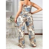 VipMarketim  Büyük Beden Mavi Çiçek Desenli İnce Askılı 2li Saten Pijama