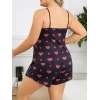 VipMarketim  Büyük Beden Siyah Kalp Desen İnce Askılı Pamuklu Şortlu Pijama Takımı