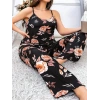 VipMarketim Büyük Beden Siyah Üstüne Çiçek Desenli İnce Askılı 2Li Pijama Takımı