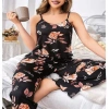 VipMarketim Büyük Beden Siyah Üstüne Çiçek Desenli İnce Askılı 2Li Pijama Takımı