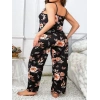 VipMarketim Büyük Beden Siyah Üstüne Çiçek Desenli İnce Askılı 2Li Pijama Takımı