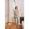 Vipmarketim Çiçek Ve Yaprak Desenli Dantelli Hamile Lohusa 3lü Pijama Takımı