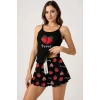 VipMarketim Çilek Baskılı Siyah Askılı Şortlu Pijama Takımı