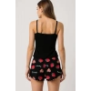 VipMarketim Çilek Baskılı Siyah Askılı Şortlu Pijama Takımı