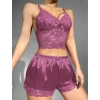 VipMarketim  Dantelli Büstiyer İnce Askılı Lila Saten Şortlu Takım
