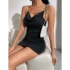 VipMarketim  Gögüs Degajeli Sırt Zincir Detaylı Büzgülü Siyah Mini Club Elbisesi